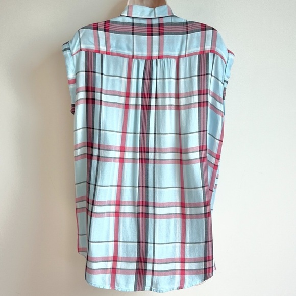 NWT Express Cap Sleeve High Low Plaid Button Down Top Blue Red M Lightweight - Picture 5 of 8